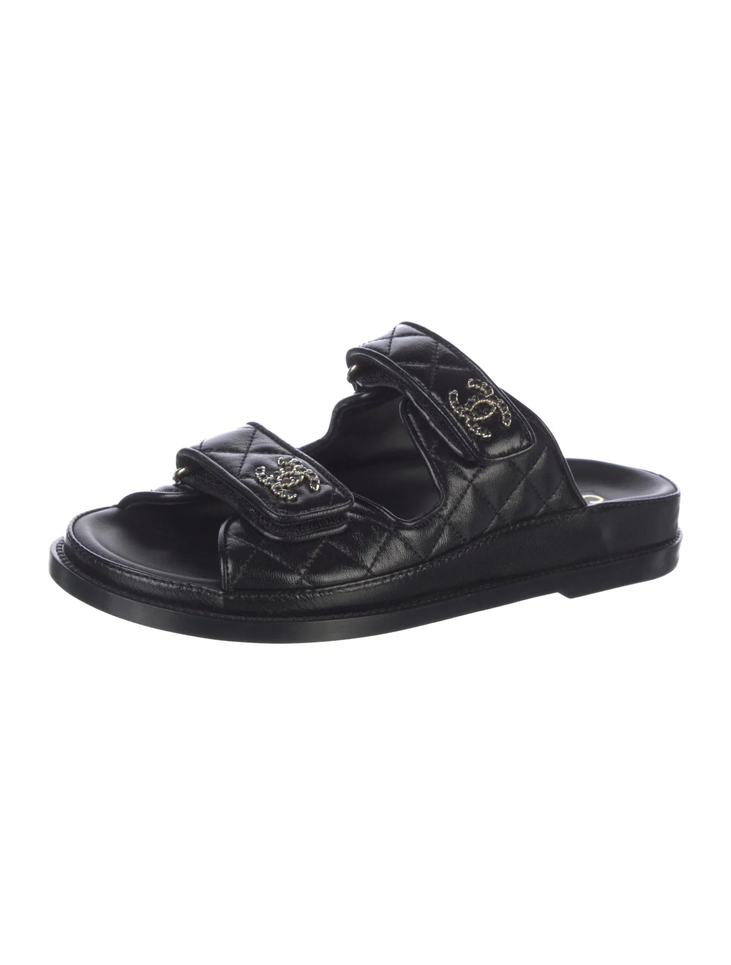 CHANEL Interlocking CC Logo Leather Slides
